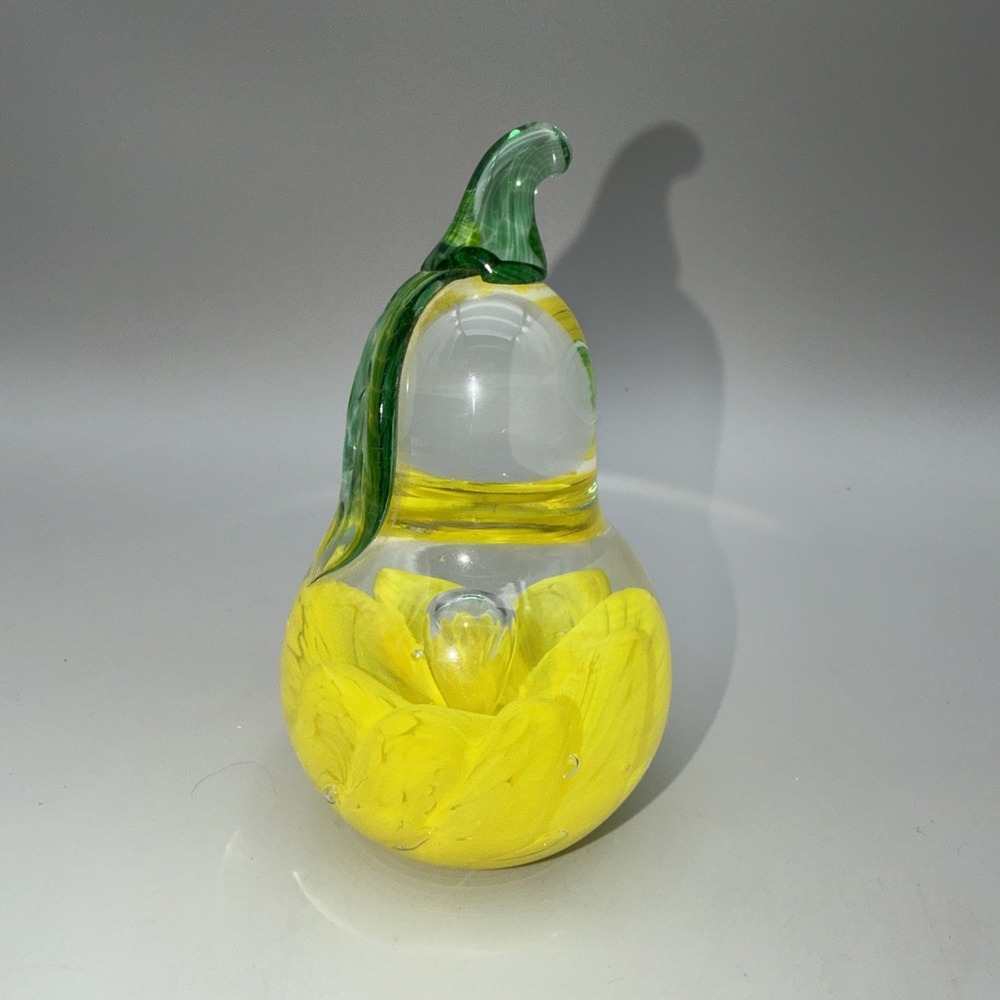Joe St Clair Art Glass Pear Paperweight Yellow Green Hand Blown Vintage
